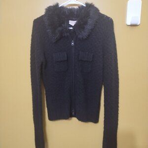 VTG 90s Glimmer by J.J. Basics Wool Blend Faux Fur Trimmed Full Zip Cardigan M